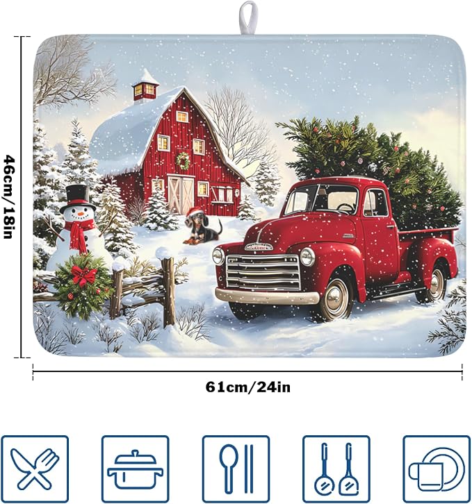 Giwawa Red Truck Dish Drying Mat Winter Xmas Tree Drainer Rack Pad 18"x24" Microfiber Absorbent Quick Dry Dish Sink Mat for Table Kitchen Counter