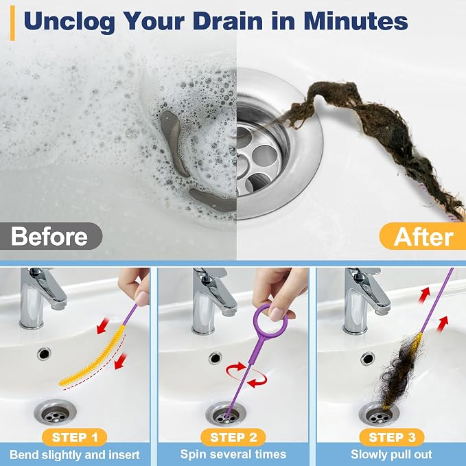 Drainsoon 35-Inch Metal Drain Snake Hair Clog Remover, Reusable Sink Snake Drain Hair Remover Tool, Flexible Break-Resistant Plumbing Snake Drain Cleaner for Shower, Bathtub, and Kitchen Sink (5 Pack)