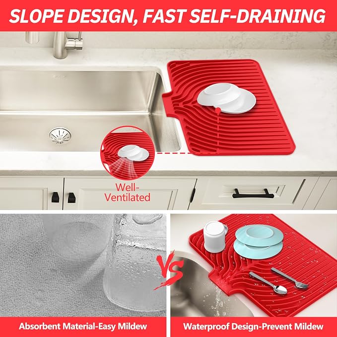 Dish Drying Mat for Kitchen Counter, with Built-in Drain Lip, Food-Grade Silicone, Easy Clean Pad for Countertop Protection, Multi-Functional Use (18x11.8, Red)