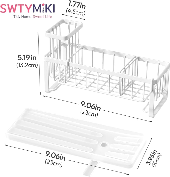 SWTYMIKI Sponge Holder for Kitchen Sink - Sink Caddy with Brush Holder Self-draining Sponge Caddy Organizer with Divider Stainless Steel Kitchen Accessories Storage for Countertop, White