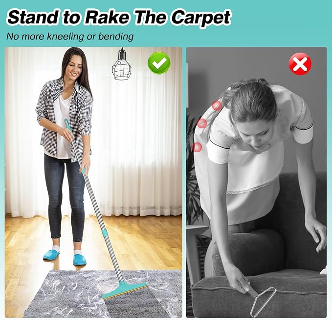 Carpet Rake for Pet Hair Removal - Reusable Pet Hair Remover, 45” Adjustable Long Handle Cat Dog Carpet Rake Scraper with Patented Design, Dog Hair Rake Brush for Rugs, Mats