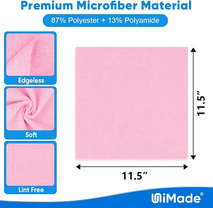 UNIMADE Microfiber Cleaning Cloth, 10 Pack Reusable Microfiber Towels for Cars Lint Free Cleaning Shop Towel Rags for Home Kitchen Automotive Bar Mechanic Restaurant Garage, 11.5"x 11.5", Pink