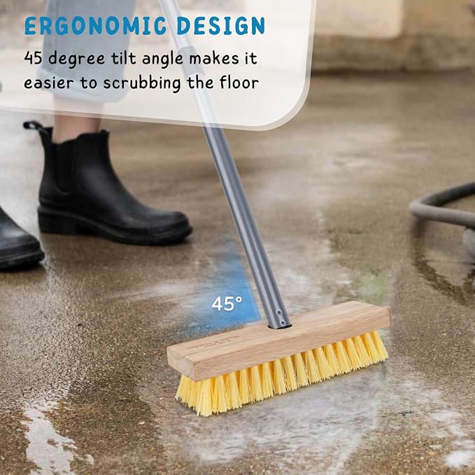 Floor Scrubber Brush with Long Handle for Deck Cleaning, 52'' Stiff Bristle Scrub Broom for Shower, Bathroom, Boat, Concrete, Carpet, Garage