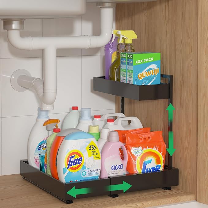 REALINN Under Sink Organizer, L-Shaped Pull Out Cabinet Rack for Kitchen | Expandable Width, 6-Level Height, Quiet Sliding Rails, Heavy-Duty Alloy Steel Frame, Pipe Clearance Design for Tight Cabinets