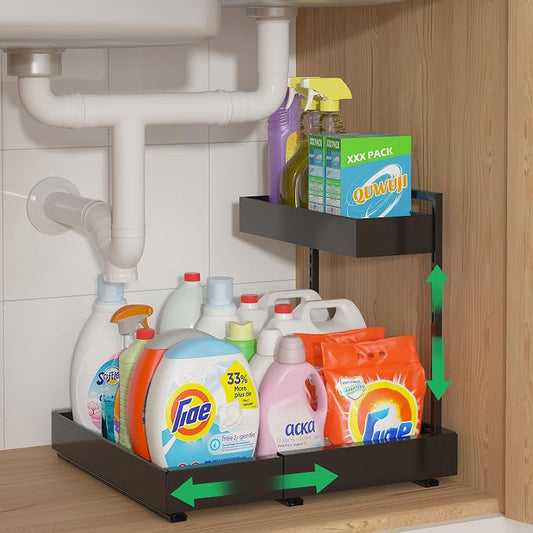 REALINN Under Sink Organizer, L-Shaped Pull Out Cabinet Rack for Kitchen | Expandable Width, 6-Level Height, Quiet Sliding Rails, Heavy-Duty Alloy Steel Frame, Pipe Clearance Design for Tight Cabinets