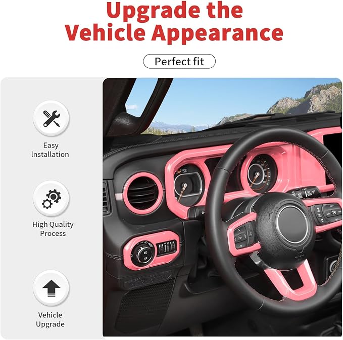 21PCS Full Set Interior Trim Kit for 2024-2026+ Jeep Wrangler JL JLU & Jeep Gladiator JT, Dashboard Side Outlet Door Handle Bowl Headlight Switch Roof Reading Light Cover (Pink)