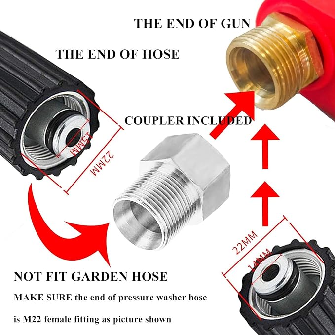 Hourleey Pressure Washer Gun, Red High Power Washer Gun with Replacement Wand Extension, 5 Nozzle Tips, M22 Fittings, 40 Inch, 5000 PSI , Not Compatible with Garden Hose