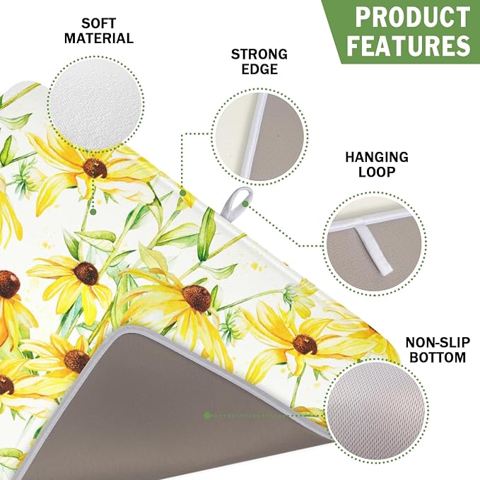 Yellow Sunflower Dish Drying Mat for Kitchen Counter 16x18 Inch | Floral，Polyester，Absorbent Microfiber，for Coffee Dining Bar Decor