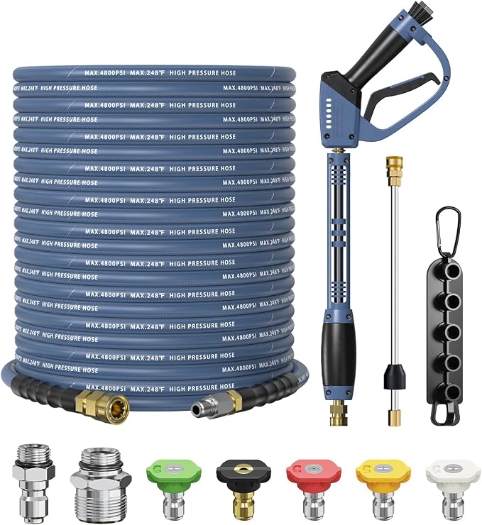 Pressure Washer Gun and Hose Kit, 4800PSI Flexible & Kink-Resistant - Steel Braided & Durable High Power Washer Hose 100 FT with 3/8" Swivel Quick Connector and M22 14mm Adapters & 5 Nozzles