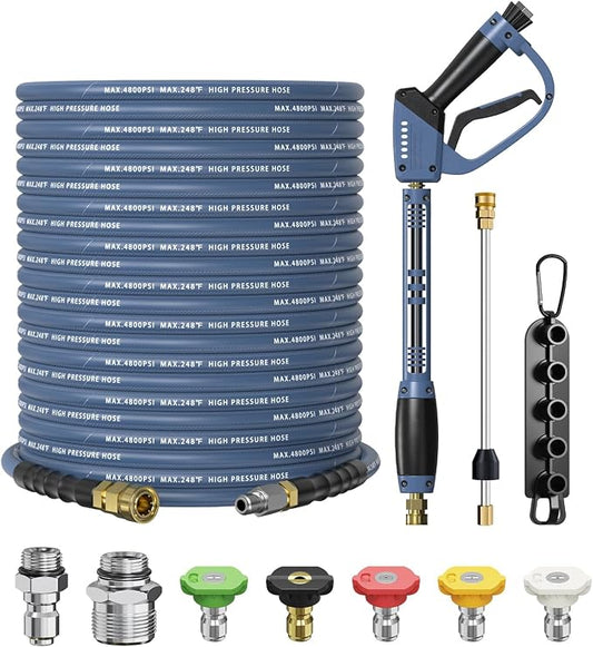 Pressure Washer Gun and Hose Kit, 4800PSI Flexible & Kink-Resistant - Steel Braided & Durable High Power Washer Hose 100 FT with 3/8" Swivel Quick Connector and M22 14mm Adapters & 5 Nozzles