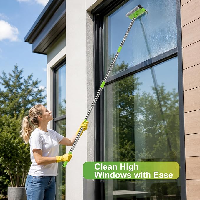 2 in 1 Window Squeegee with 55" Long Stainless Steel Handle,Sponge Car Squeegee for Home,Gas Station,Glass,Shower,Outdoor High Window Cleaning