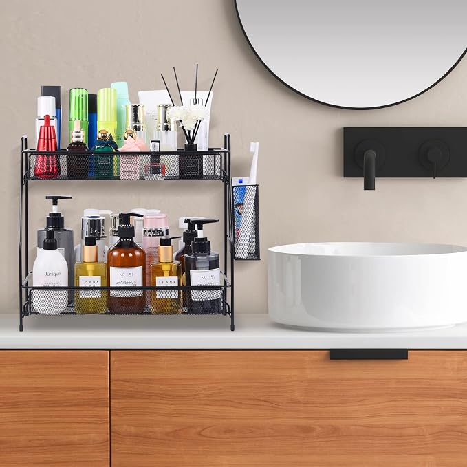 LEMIKKLE Large Countertop Organizer for Bathroom Counter, Bathroom Organizers and Storage, Under Sink Organizer Spice Rack Organizer for Kitchen with Basket(Black)