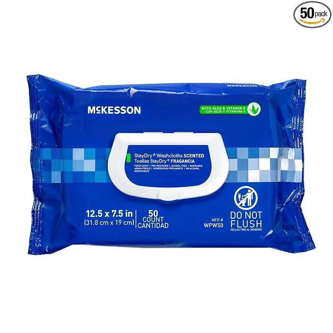 McKesson StayDry Pre-Moistened Disposable Wipe - Large Adult Body and Incontinence Washcloths with Aloe and Vitamin E, Alcohol-Free, 50 Wipes Per Pack