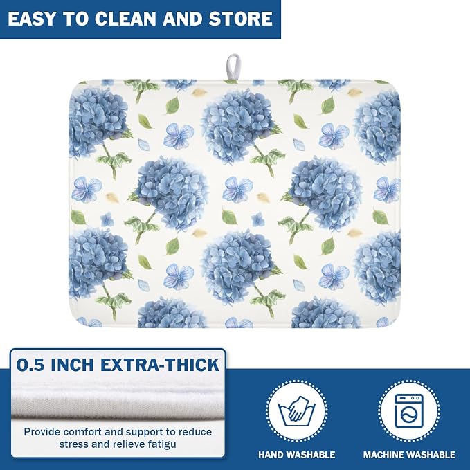 Spring Summer Blue Floral Dish Drying Mat 18x24 Inch | Hydrangea ，Polyester，Absorbent Microfiber，for Kitchen Coffee Dining Bar Decor