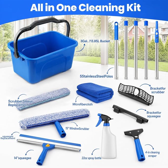 Window Cleaning Kit with Extendable Long Handle, Professional Window Squeegee & Window Washer Tool Set for Indoor Outdoor High Windows, Glass, RV & Shower Doors