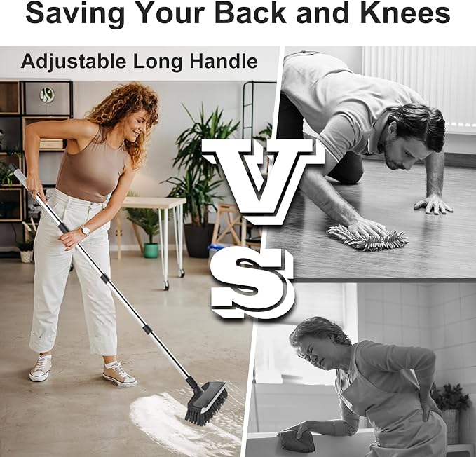 Heavy Duty Floor Scrub Brush with Long Handle, Adjustable Stainless Steel Handle, Stiff Bristles & Rubber Squeegee Scraper, Concrete Floor Scrubber for Cleaning Floor Concrete Deck Hardwood Patio Tile