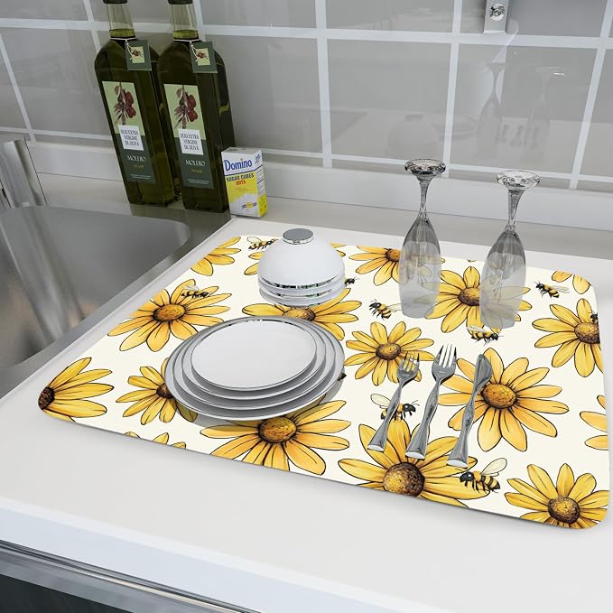 Floral Sunflower Bee Dish Drying Mat of Kitchen Counter 18×24 Inch | Yellow，Polyester，Absorbent Microfiber，for Kitchen Coffee Dining Bar Decor