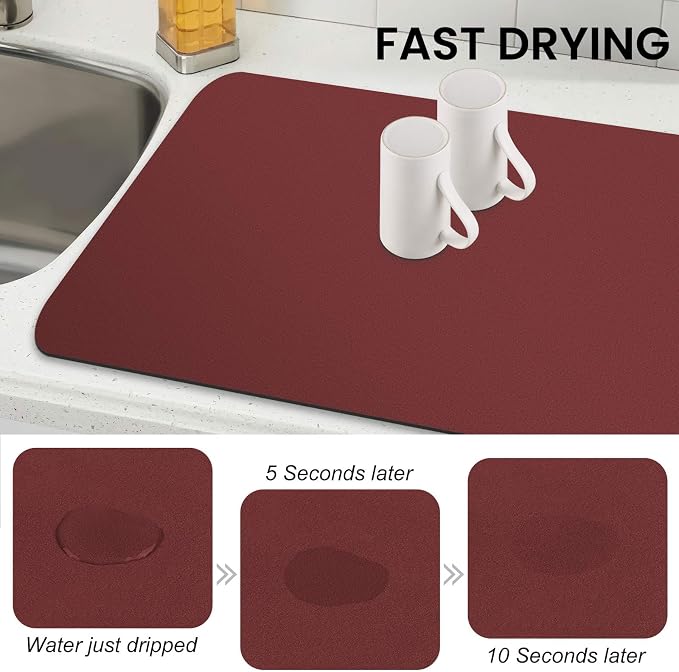 WISELIFE Dish Drying Mat Super Absorbent Drying Mat Large Dish Drying Mats for Kitchen Counter Easy Clean Dish Mat Kitchen Drying Mat18"x 32" Classic Red