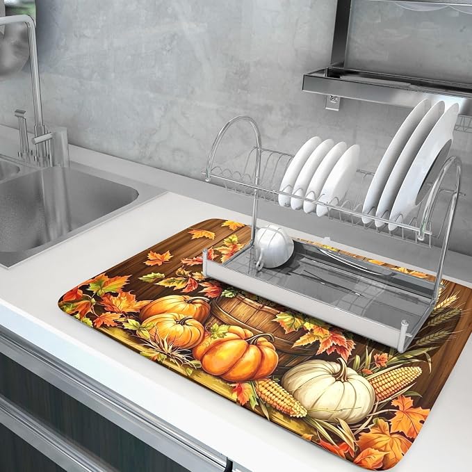 Autumn Dish Drying Mat for Kitchen Counter Fall Pumpkin Corn Harvest Microfiber Absorbent Dish Draining Reusable Washable Foldable Extra Large 18"x24"