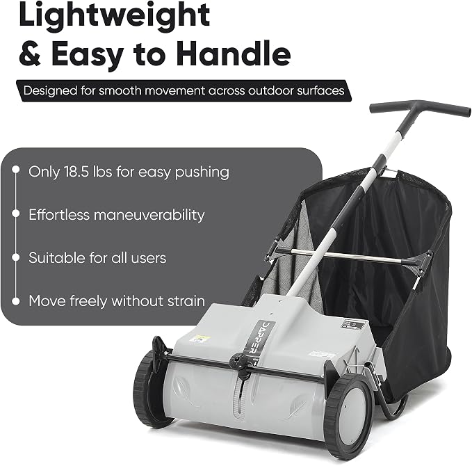 Dapper Supply 22-Inch Push Lawn Sweeper, Grass, Lawn and Leaf Cleanup Collector with Large 3.5 cu. ft. Hopper Bag, Durable Wheels, and Dual Spinning Brushes, Grey