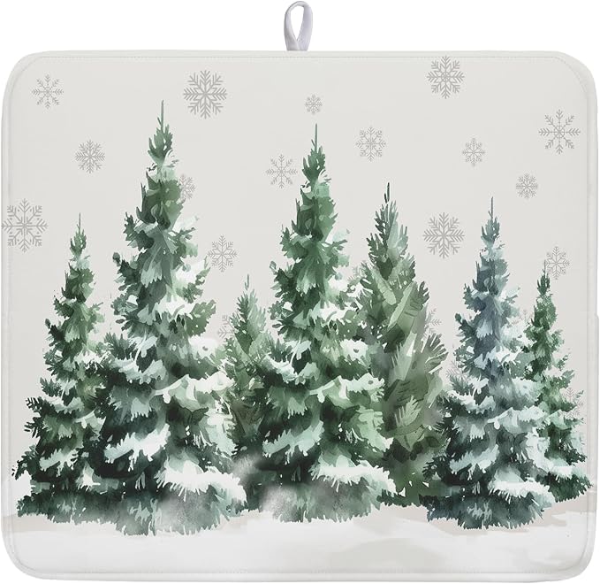 Christmas Dish Drying Mat 16x18 Inch Xmas Forest Tree Absorbent Dish Drainer Protector Pad Winter Holiday Microfiber Drying Mats Absorbent Reversible Dish Pad Kitchen Accessories for Countertop