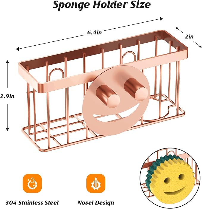 MURLONG Sponge Holder Smiley Face,Sink Caddy for Kitchen Sink,Sponge Holder with 2 PCS Suction Cups/1 PCS Adhesive Strips,Designed for Sponge,Soap,Dish Brush,Scrubber-Rose Gold