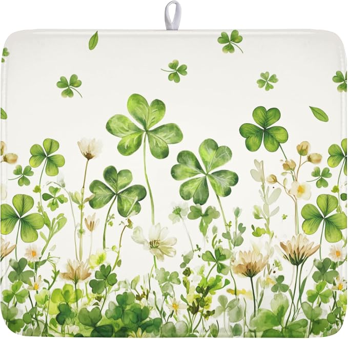 St Patrick's Day Green Clover Dish Drying Mat 16x18 Inch | Shamrock，Polyester，Absorbent Microfiber，for Kitchen Coffee Dining Bar Decor