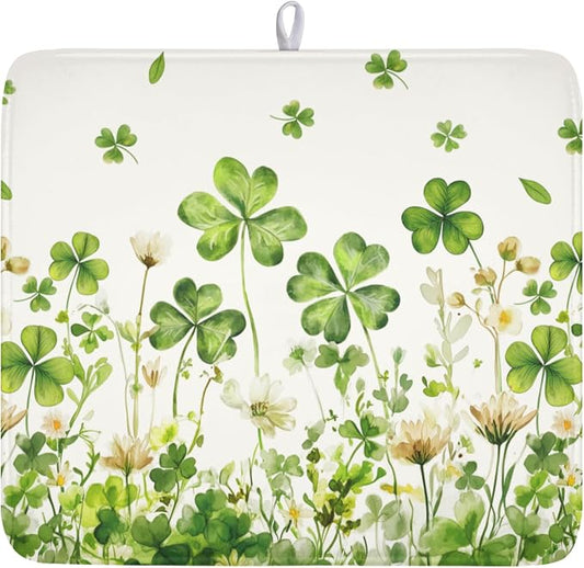 St Patrick's Day Green Clover Dish Drying Mat 16x18 Inch | Shamrock，Polyester，Absorbent Microfiber，for Kitchen Coffee Dining Bar Decor