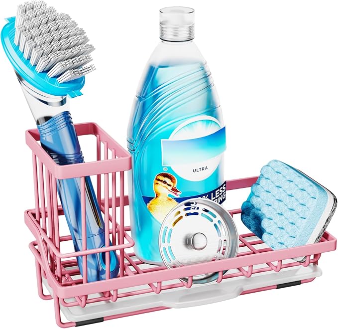 Consumest Sponge Holder for Kitchen Sink - Kitchen Sink Caddy Organizer with Removable Drip Tray for Countertop Dish Soap Dispenser Brush Storage Accessories 304 Stainless Steel, Pink