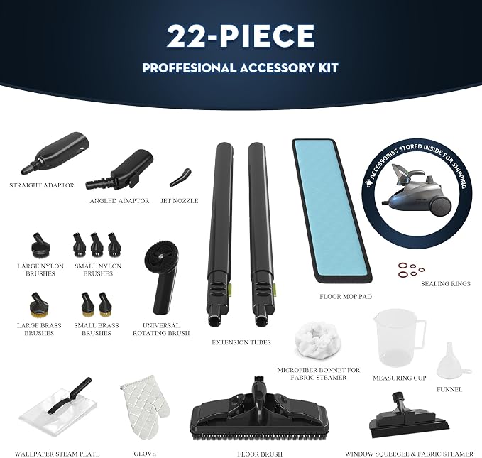 Heavy-Duty Steam Cleaner for Home, 1500W High Pressure | Multipurpose Steamer for Cleaning with 22 Accessories for Tile, Grout, Hardwood Floors, Bathroom, Kitchen & Car Detailing