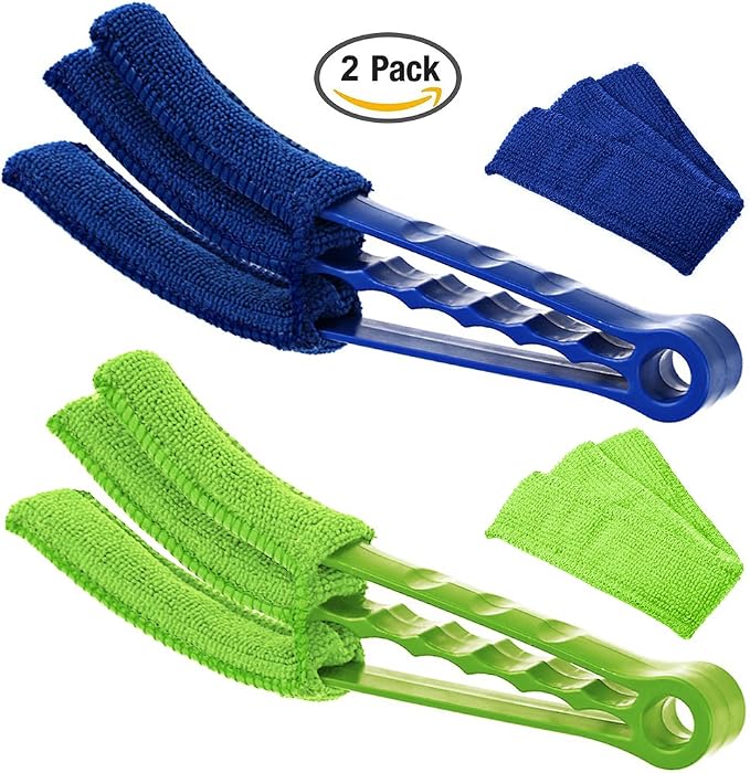SENHAI Duster, Set of 2 Microfiber Cleaner Brush for Window Blinds, Air Conditioner, Vent, with 2 Extra Sleeves, Blue & Green, ABS Material