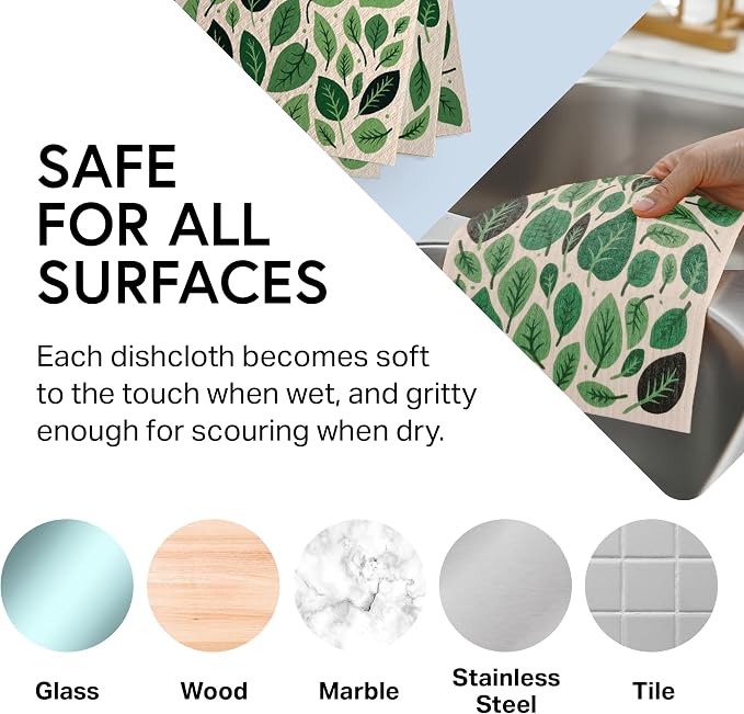 Swedish Wholesale Dishcloths Reusable 8" x 7" Sponge Cloths, Bulk 10 Pack of High Absorbent Cellulose Dish & Kitchen Cleaning Hand Towels, Wring to Dry & Machine Wash, Odor Resistant, Leaves