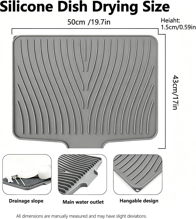 EBIGIC Silicone Dish Drying Mat,19.7"*17"Dish Drying Pad,Kitchen Accessories,with Built-In and Non-Slip Drain,Easy Clean, Fit for Kitchen, Bar, RV, Refrigerator and Drawer Liner, Grey