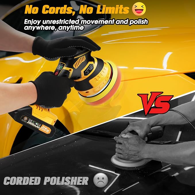 Cordless Car Buffer Polisher kit, DA Polisher with 2*21V Batteries | 2x 21V 2000mAh Batteries, 6-speed, LED Display, Random Orbital, 18 pcs Assorted Polishing Pads for Car Detailing-Yellow