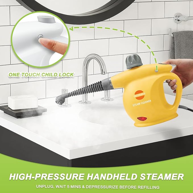 Handheld Steam Cleaner, Pressurized Multi-Surface Steam Shot with 13 Accessories, Safety Lock, Steamer for Cleaning Floor, Upholstery, Grout, Windows, Couch and Car (Yellow)