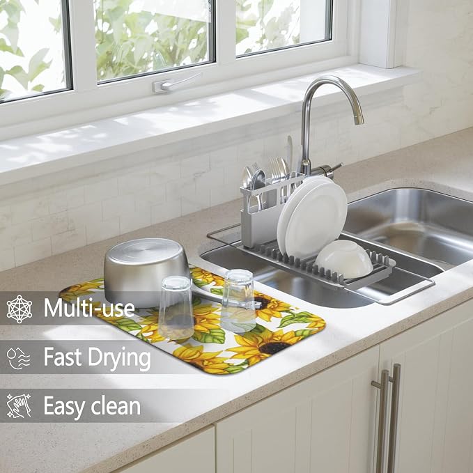 Dish Drying Mat 2-Pack in Sunflower Floral for Kitchen Counter Dishes Mat | Diatom Mud Mats (18x24, 19.5x12"). Non-slip rubber back for kitchen counter, coffee bar & sink scenes