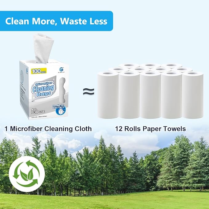 GLIMGLINT White Microfiber Cleaning Cloth, 100 Pack Cleaning Rags, Lint-Free, Ultra Absorbent Reusable Paper Towels for Home, Kitchen, Car, Garage or Shop, Dish Rags, 11" x 9"