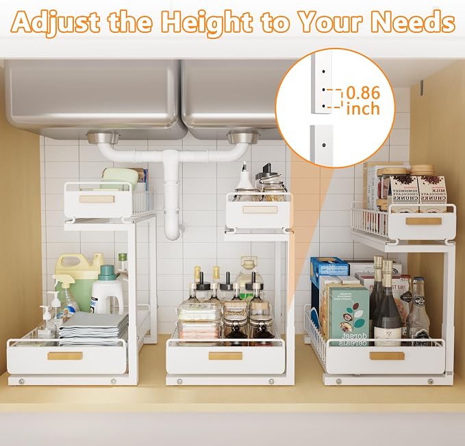 2 Pack Under Sink Organizer with Ball Bearing Sliding Drawer, Heavy Duty Pull Out Cabinet Organizer, 2 Tier Adjustable Storage Rack for Kitchen Bathroom, Space Saving Design, White