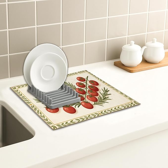 Tomatoes Herb Dish Drying Mats for Kitchen Counter, Rustic Red Tomatoes Absorbent Dish Drainer Rack Mat, Seasonal Farmhouse Microfiber Drying Pad for Kitchen Counter Decor 16x18 Inch