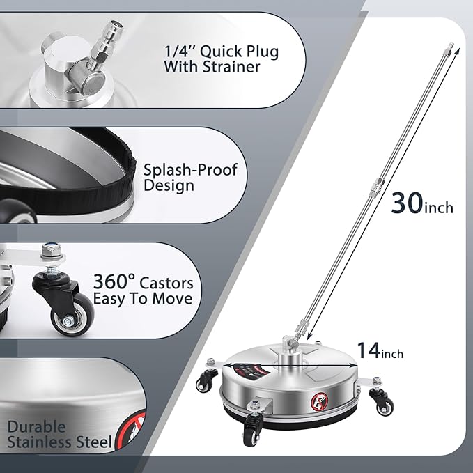 Dalmbox 14" Pressure Washer Surface Cleaner with 4 Wheels, 1/4" Quick Plug, Stainless Steel Housing, 4000 PSI, Pressure Washer Surface Cleaner Attachment for Patio, Courtyard, Concrete, Sidewalks