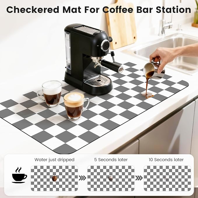 17" x 32" Checkered Dish Drying Mat for Kitchen Counter, Absorbent Coffee Bar Mat for Espresso Machine Coffee Countertops Accessories, Grey