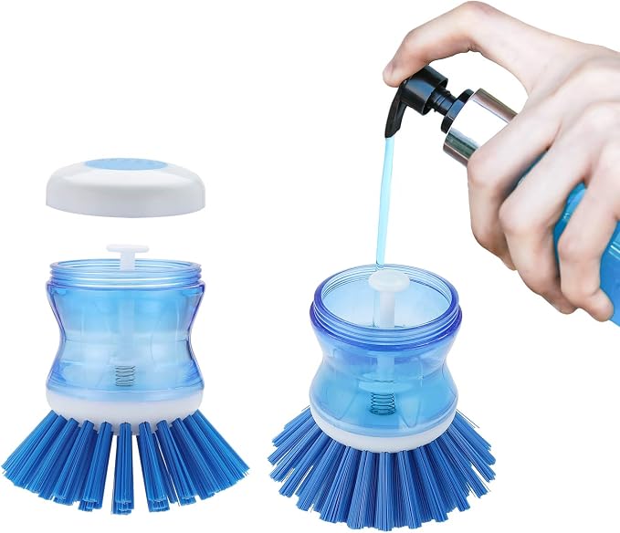 Dish Brush with Soap Dispenser, Stiff Bristles Dish Scrubber for Pots, Pans & Sink Cleaning, 2 Pack