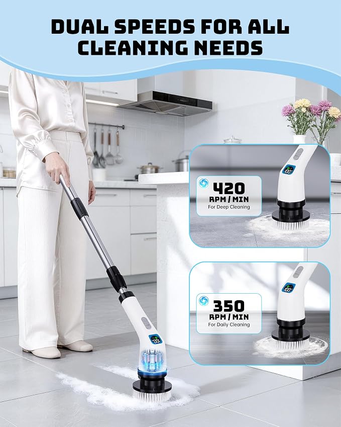 Electric Spin Scrubber for Bathroom | Shower Cleaner Brush with Long Handle | Dual Speed Cordless Power Scrubber with 7 Brushes Heads | IPX7 Waterproof Scrub Brush for Bath Tub Tile Grout Glass Tool