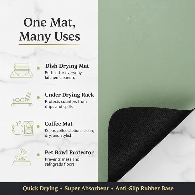 Dish Drying Mat Super Absorbent – 16" x 18" Coffee Mat for Countertops – Non-Slip Drying Mat for Kitchen Counter – Easy to Clean Water Absorbent Mat – Quick Dry Dish Mats (Sage)