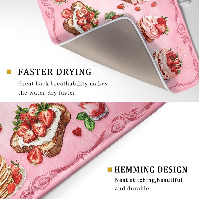 Strawberry Dish Drying Rack Mat Pink Absorbent Microfiber Dish Drying Mat for Kitchen Counter 18x24 In