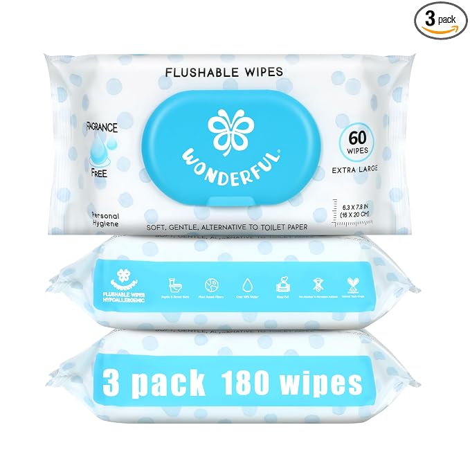 WONDERFUL Flushable Butt Wipes, Unscented 100% Plant-Based Wet Wipes for Adults & Kids, Sewer & Septic Safe, Gentle for Sensitive Skin, Wipes Flushable Pack for Bathroom & Travel, 3-Pack (180 Count)