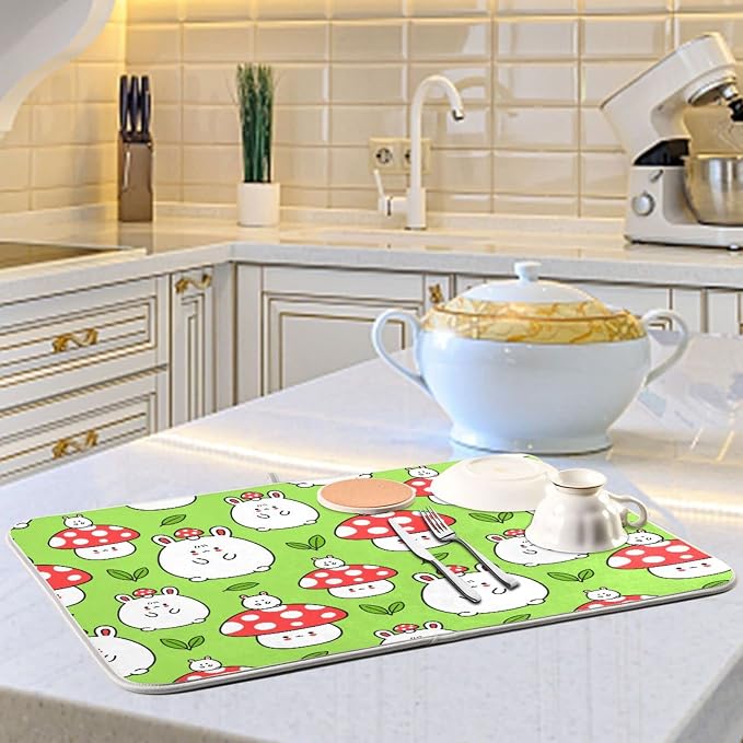 Absorbent Dish Drying Mat for Kitchen Counter - Cartoon Mushroom Rabbit Microfiber Drying Pad, Reversible Drainer Mats for Countertop, Large 18" x 24"