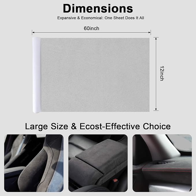 Premium Light Grey Suede Fabric Wrap - 12x60 inch Suede Wrap for Car Interior - Self-Adhesive Microfiber and Synthetic Leather, Stretchable Interior Film for Car and Home Decor