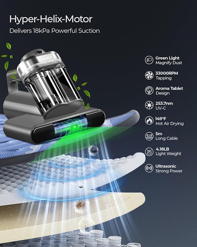 Teant Bed Mattress Vacuum, 18 kPa & Green Light Dust Detection, MV-Grey | 2-Speed Bed Vacuum Cleaner with 253.7nm UV-C & Ultrasonic, LED Display, 149℉ Heat, HEPA, Aroma & Anion for Bed Sofa Pet Hair