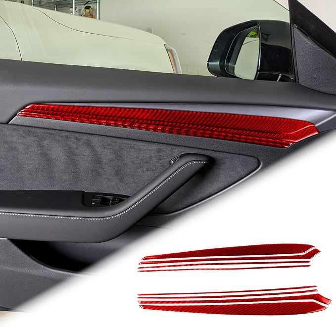 Red Real Carbon Fiber Trim for Tesla Accessories | for Model 3 2017-2022 / Model Y 2020-2024 Inner Door Side Panel Sticker Interior Thick Overlay Decal